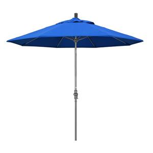 9 ft. Hammertone Grey Aluminum Market Patio Umbrella with Collar Tilt Crank Lift in Royal Blue Olefin