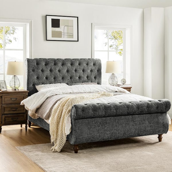Elaine Smoke Upholstered Traditional Lighted Sleigh Queen Platform Bed with  Sturdy Frame and Headboard-Gray Family