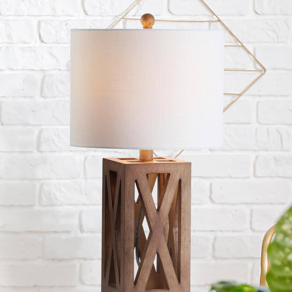 Stewart Rustic 21.5" Brown Wood Table Lamp with White Linen Shade