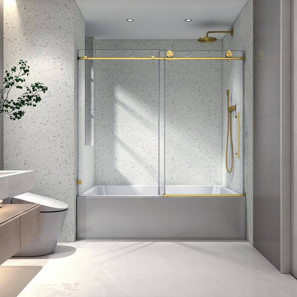 Vitrina 60 in. W x 63 in. H Sliding Frameless Tub Door in Brushed Gold with Clear Glass price history on PriceWatchPro