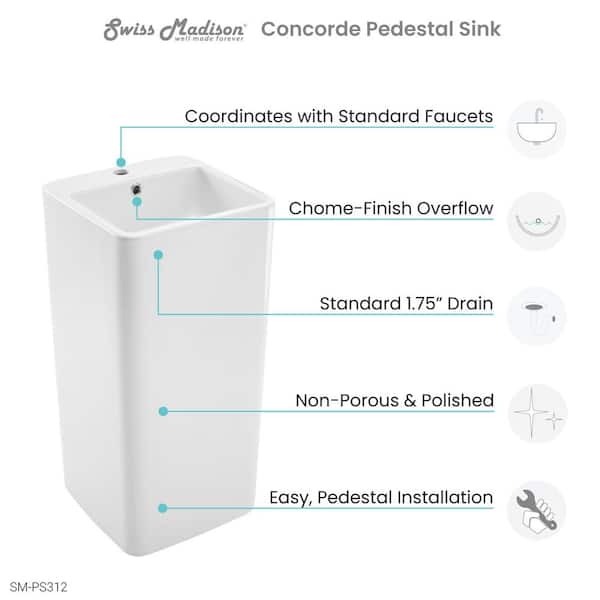 Concorde 1-Piece Glossy White Ceramic Square Pedestal Sink