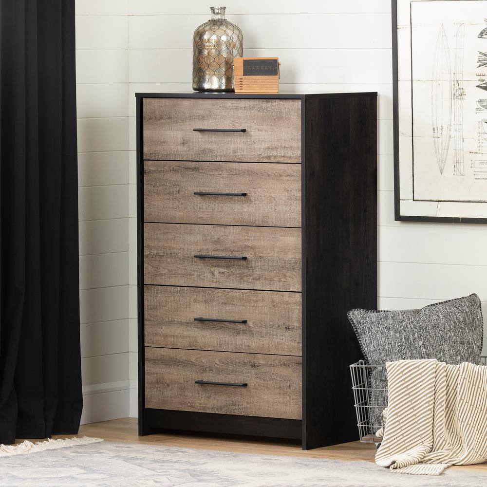 Weathered Oak and Black Industrial 5-Drawer Vertical Chest