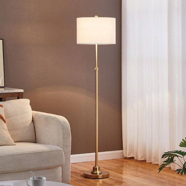 KAWOTI 63.5 in. Antique Brass Adjustable Standard Floor Lamp with White Linen Shade