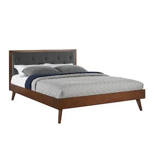 Mid Century Grey Upholstered Wood Platform Queen Size Bed