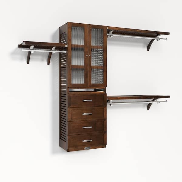 72 in. W - 120 in. W Chestnut Walk in with 4 Shaker Style Drawers and Glass Door 16 in. Shelf Wood Closet System