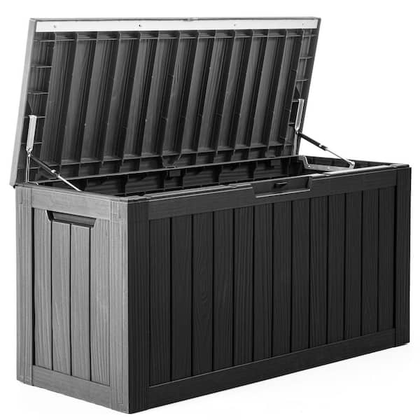 PamaPic 80 Gal. Black Resin Wood Look Outdoor Storage Deck Box with Lockable Lid