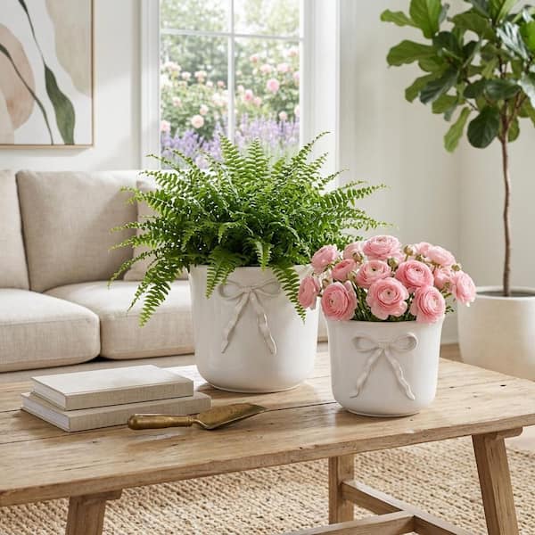 Liv & Skye 9 in. and 11 in. White Stoneware Round Pretty Bow Decorative Pots (Set of 2) 21788