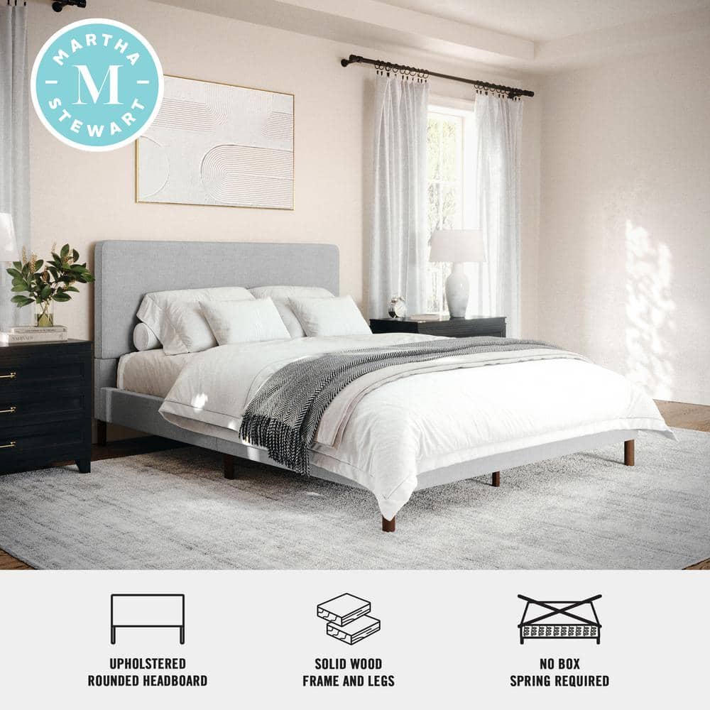 Gray Queen Upholstered Platform Bed with Linen Headboard