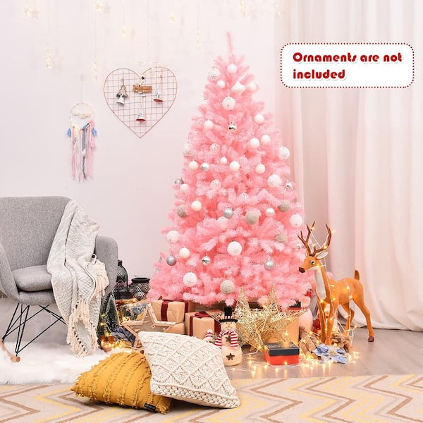 6 ft. Unlit Hinged Artificial Christmas Tree Full Fir Tree New PVC with Metal Stand Pink