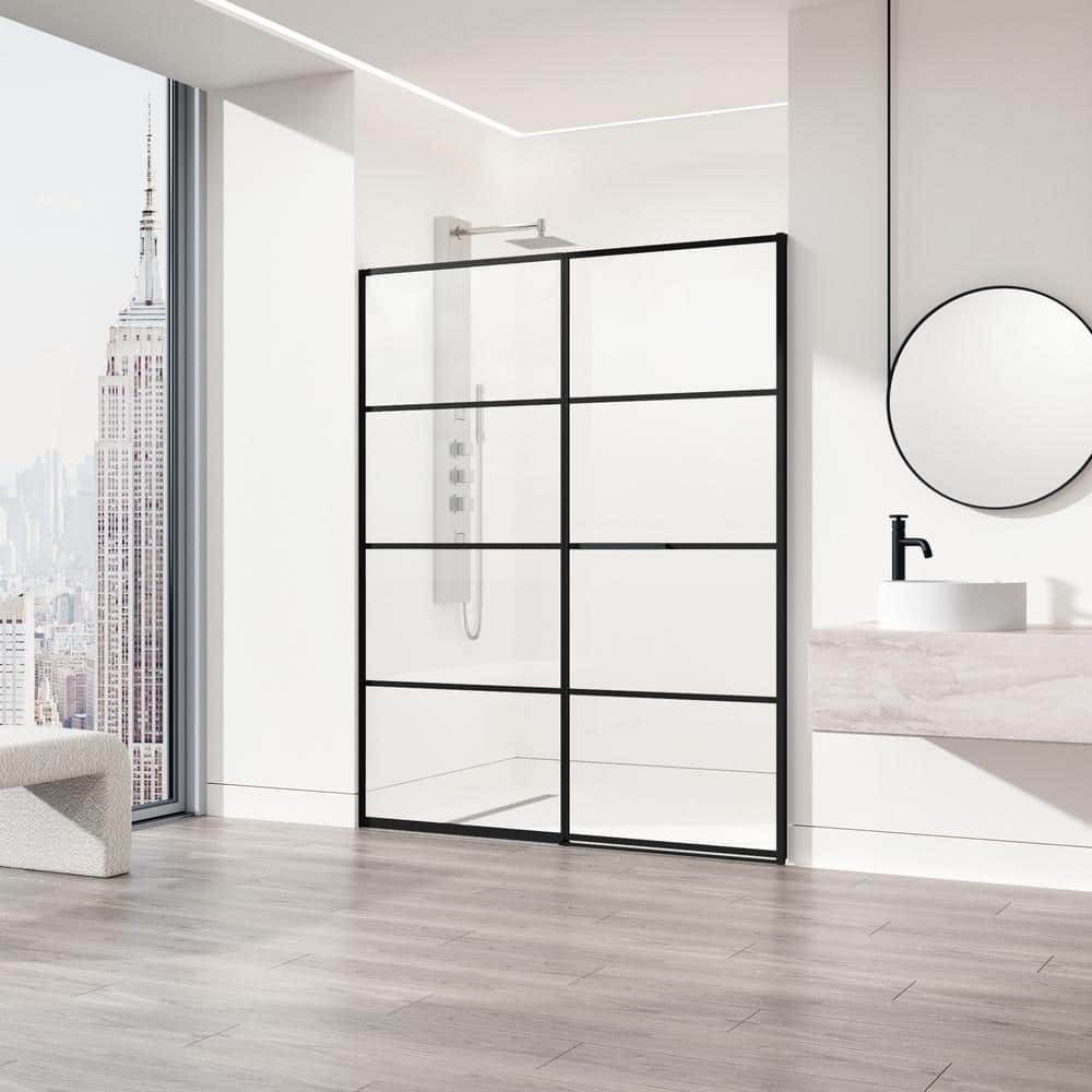 Meridian 60" Matte Black and Clear Grid Glass Shower Door