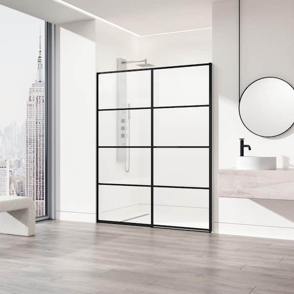 VIGO Meridian 59 1/2 to 60 in. W x 74 in. H Hinged Shower Door in Matte Black and Clear Grid Glass