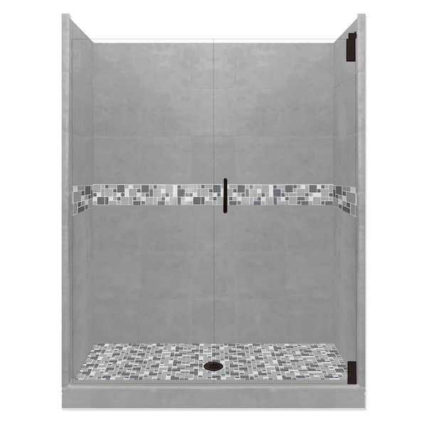 American Bath Factory Newport Grand Hinged 36 in. x 54 in. x 80 in. Center Drain Alcove Shower Kit in Wet Cement and Black Pipe Hardware