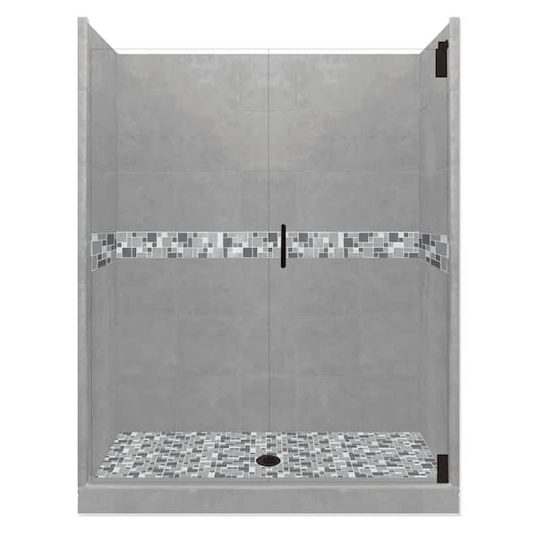 American Bath Factory Newport Grand Hinged 30 in. x 60 in. x 80 in. Center Drain Alcove Shower Kit in Wet Cement and Black Pipe Hardware
