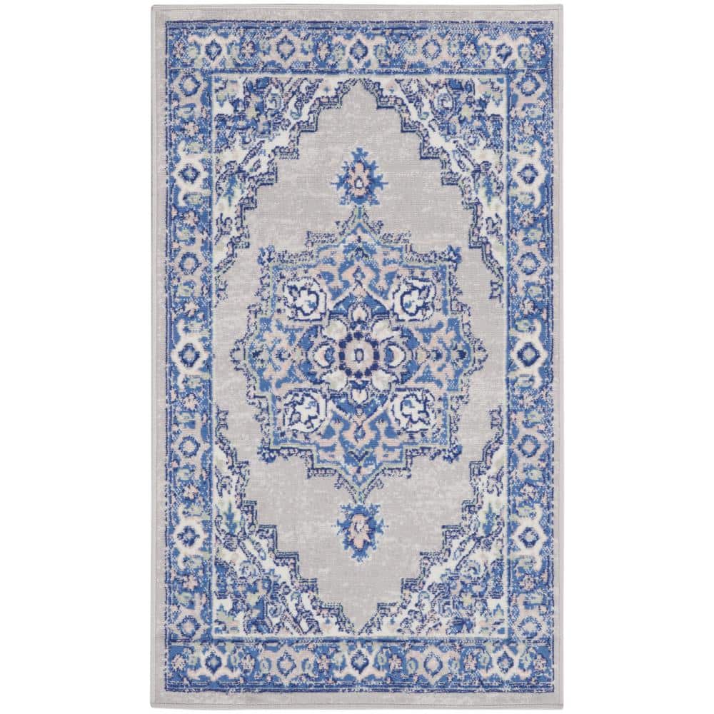 Bohemian Grey Blue Floral Round Synthetic Area Rug