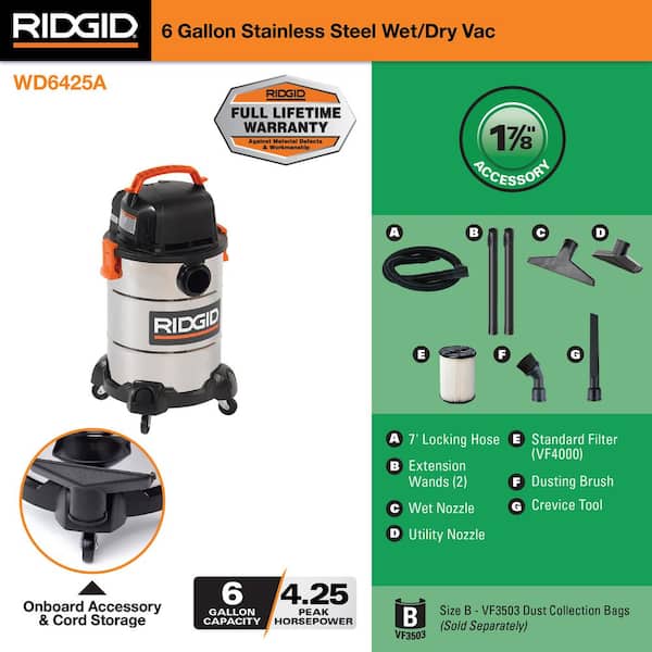 RIDGID 9 Gallon 4.25 Peak HP NXT Wet/Dry Shop Vacuum with Filter, Locking  Hose and Accessories HD09001 - The Home Depot