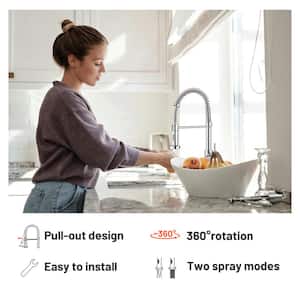 Single-Handle Pull Out Sprayer Coil Spring High-Arc Kitchen Faucet with Deckplate Sink Faucet in Chrome