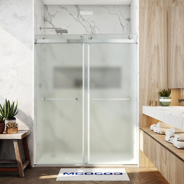 MCOCOD 56-61 in. W x 79 in. H Double Sliding Frameless Smooth Sliding Shower Door in Brushed Nickel with 3/8 in. Frosted Glass