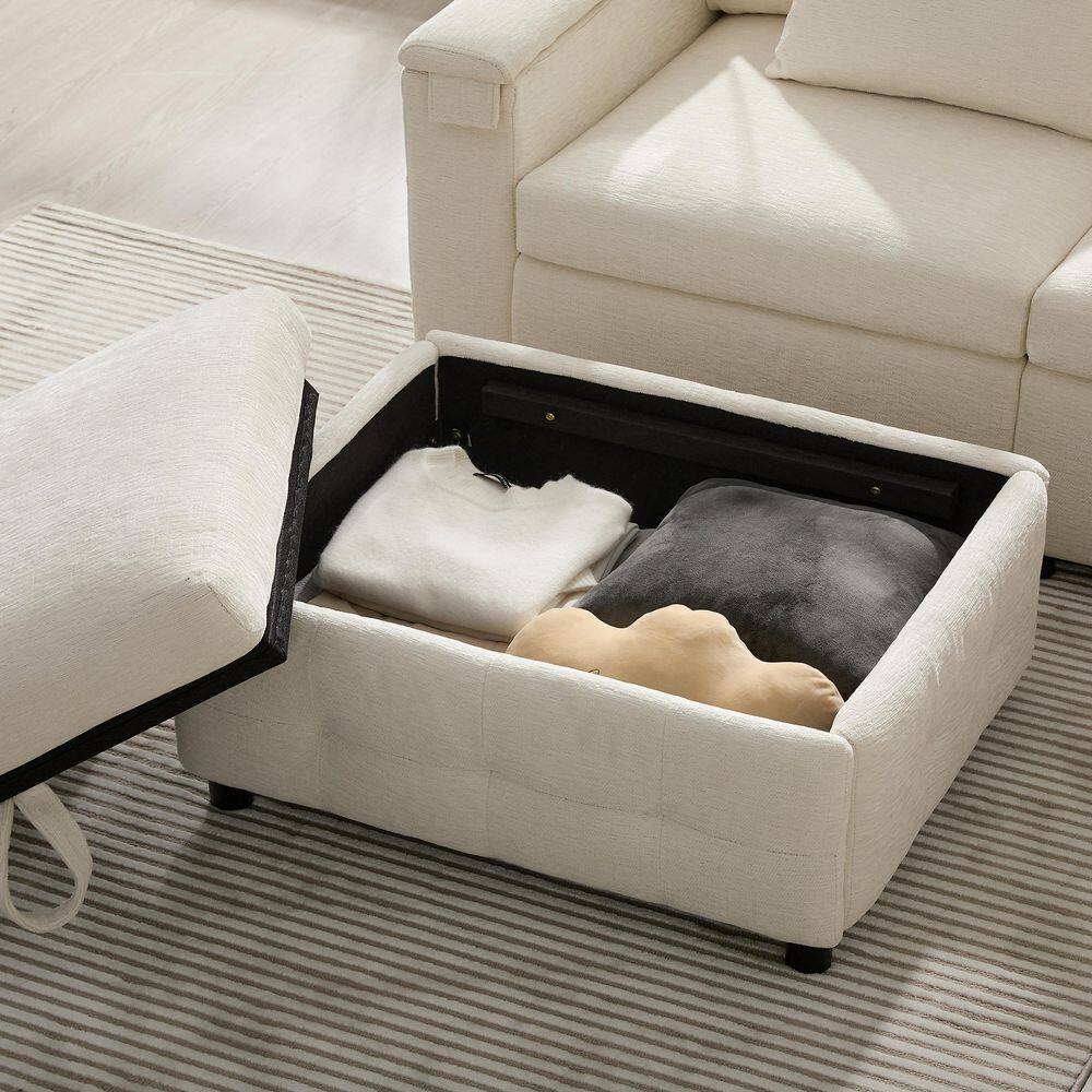 Diana 117 in. Chenille L Shaped Sectional Sofa in. Cream with Table Panel, Reading Lamp, Charging Ports, Ottoman