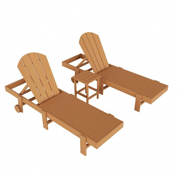 WESTIN OUTDOOR Laguna 3-Piece Outdoor Patio Adjustable HDPE Reclining Adirondack Chaise Lounger with Wheels, Side Table Set, Teak