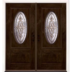 74 in.x81.625in.Silverdale Patina 3/4 Oval Lt Stained Chestnut Mahogany Right-Hand Fiberglass Double Prehung Front Door