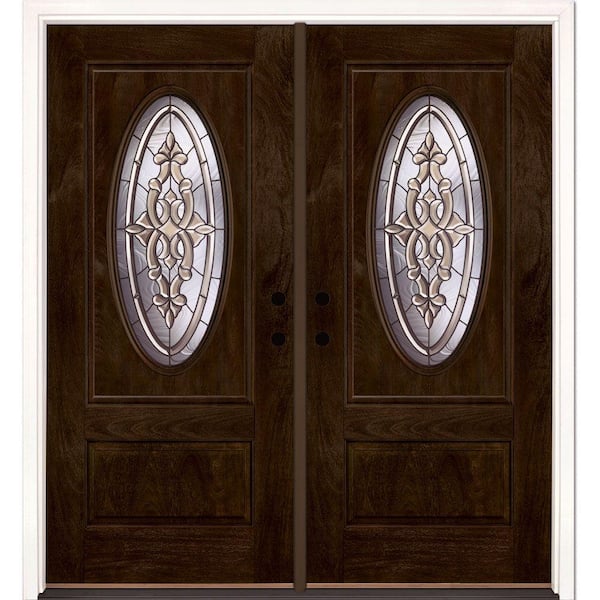 Feather River Doors 74 in.x81.625in.Silverdale Patina 3/4 Oval Lt Stained Chestnut Mahogany Right-Hand Fiberglass Double Prehung Front Door