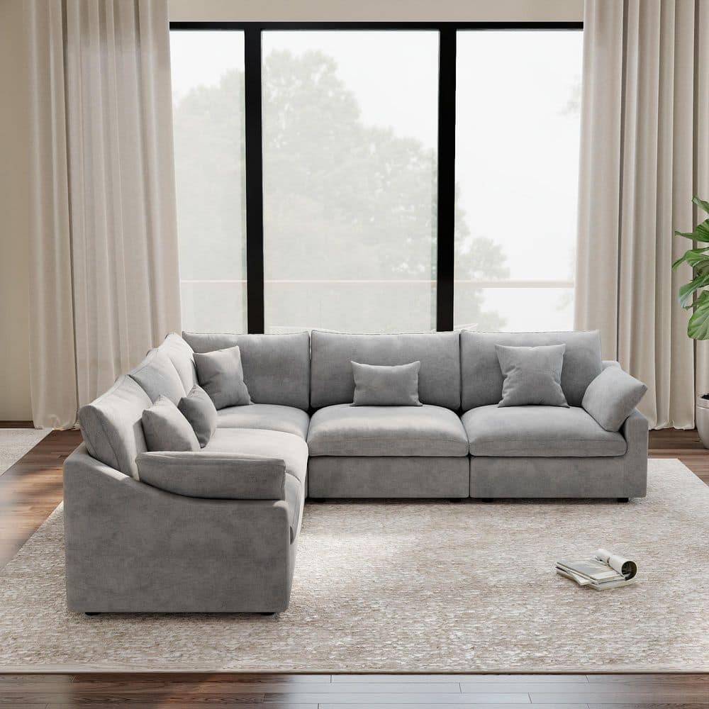118.11 in. Slope Arm 5-Piece Deep Seat Down Linen Modular Sectional Sofa Free Combination with Removable Cover in Gray