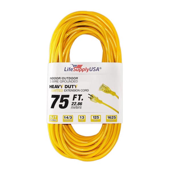 LifeSupplyUSA 14/3 75 ft. SJTW Full Copper 13 Amp, 125-Volt 1625-Watt Lighted End Indoor/Outdoor Extension Cord (10-Pack)