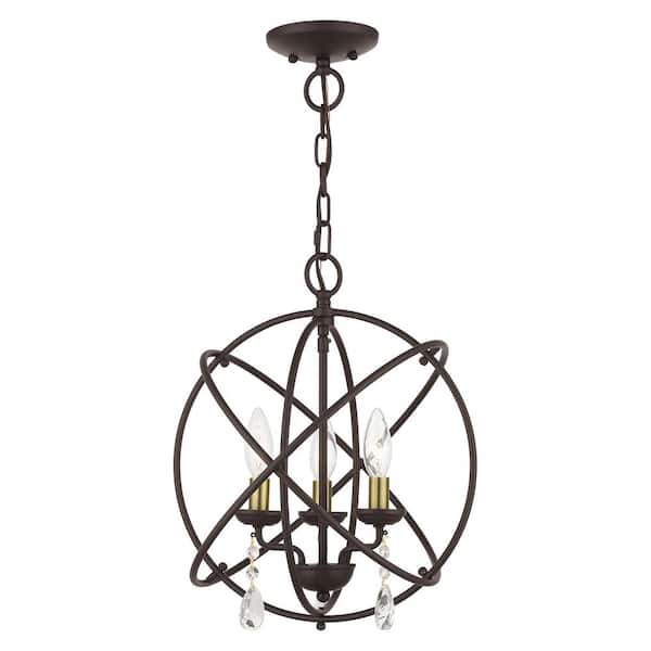 AVIANCE LIGHTING Cahill 15.5 in. 3-Light Bronze Convertible Mini Chandelier/Ceiling Mount with Antique Brass Candles and Crystals
