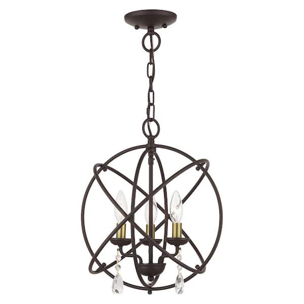 Livex Lighting Aria 3-Light Bronze Convertible Mini Chandelier/Ceiling Mount with Antique Brass Candles