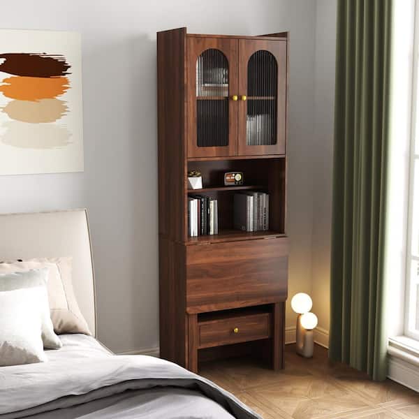 Unbranded 23.62 in. Walnut Wood Fold-Out Convertible Desk Cabinet with Shelf and Drawer Writing Table Home Office Workstation