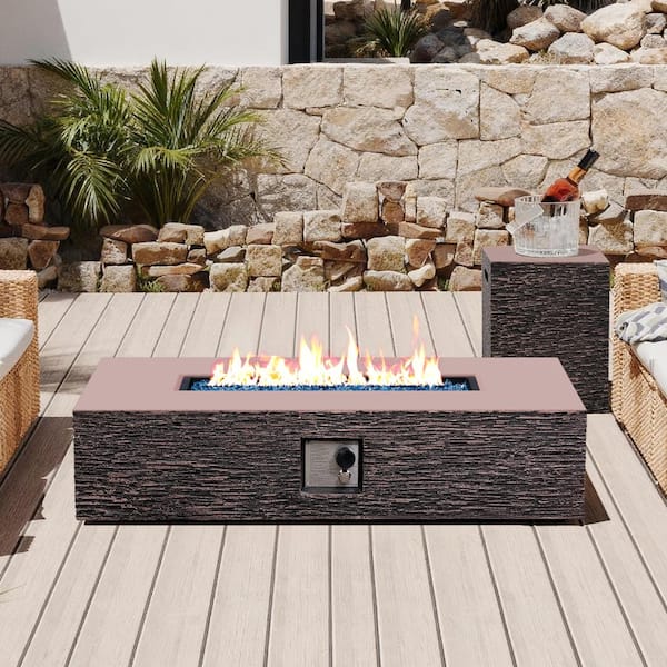 56-Inch Rectangular Concrete Propane Fire Pit Table with Tank Cover,Brown