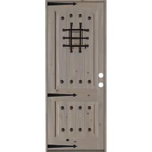32 in. x 96 in. Mediterranean Knotty Alder Arch Top 2 Panel Left-Hand/Inswing Grey Stain Wood Prehung Front Door