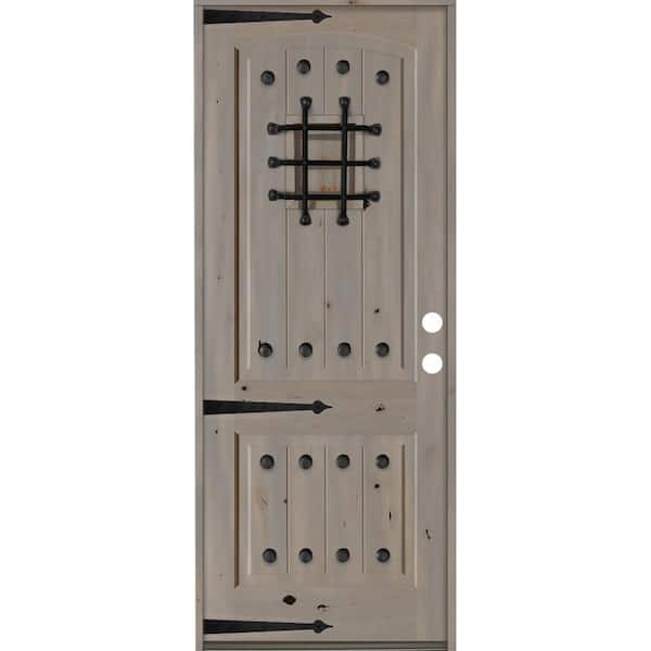Krosswood Doors 48 in. x 96 in. Mediterranean Knotty Alder Arch Top 2 Panel Left-Hand/Inswing Grey Stain Wood Prehung Front Door