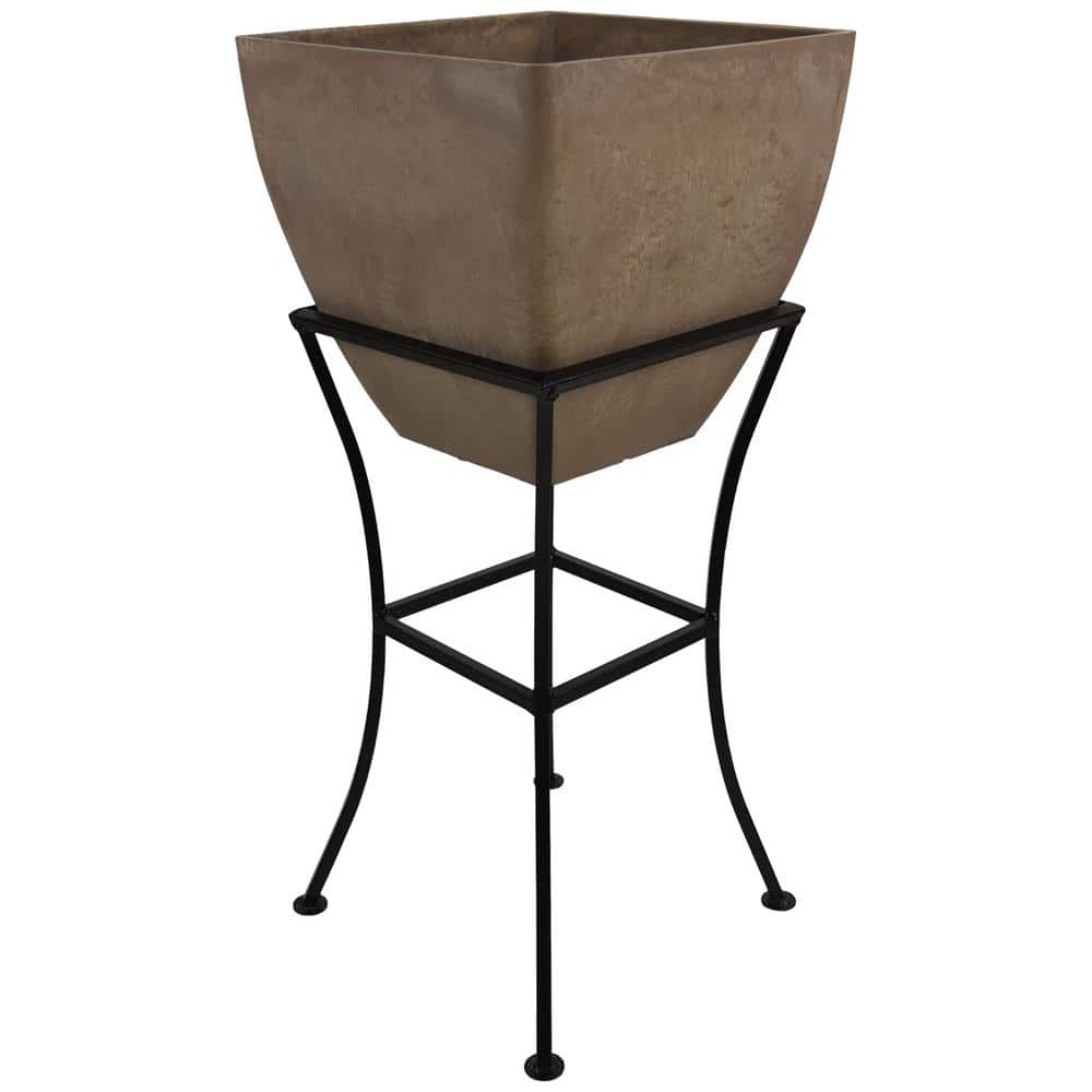 UPC 627606000076 product image for 12 in. Square Indoor/Outdoor Oak Polyethylene Planter with Wrought Iron Stand | upcitemdb.com
