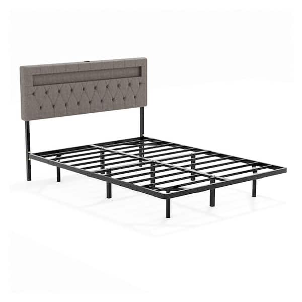 Gray Full Size Floating Bed Frame with Upholstered Headboard/Charging Station,RGB LED Lights