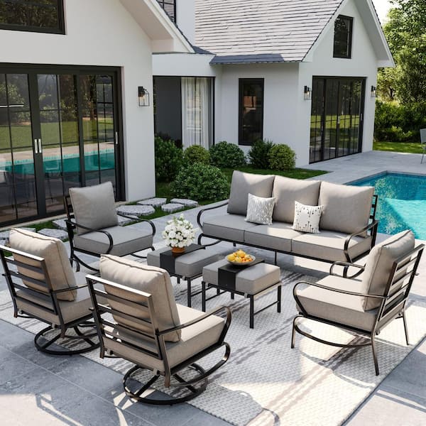 Poteban Gray 7-Person Iron Metal Material Patio Conversation Set With Cushions