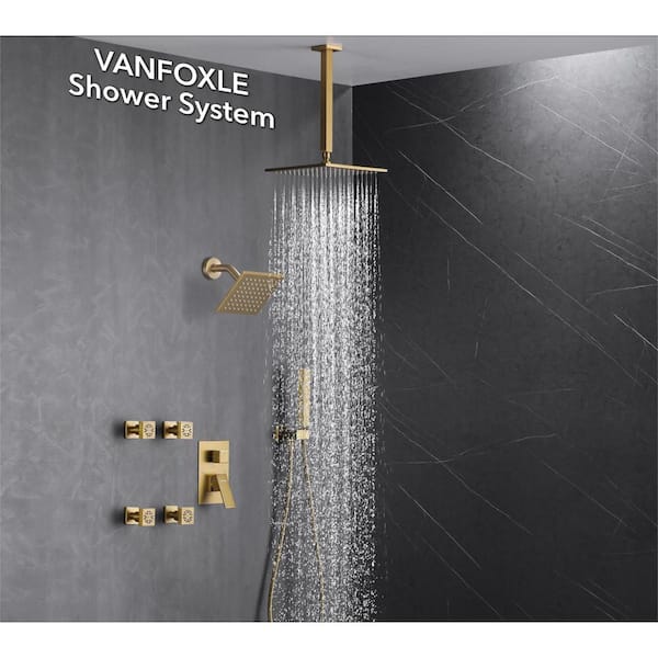 Luxury Single Handle 5-Spray Shower Faucet 1.8 GPM 10 in. Square Ceiling Mounted with Pressure Balance in. Brushed Gold