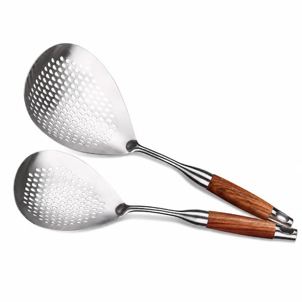 2-Piece 304 Stainless Steel Skimmer Slotted Spoon Set with Wood Handle, Deep Fry Spider Strainer Ladle Kit