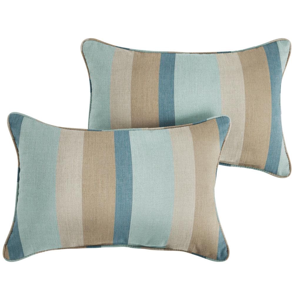 Sunbrella Blue Taupe Stripe Rectangular Outdoor Corded Lumbar Pillows (2-Pa
