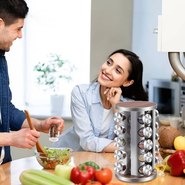20 Glass Jars 360° Rotating Spice Rack, Non-Slip Base, with DIY Labels, Sift Pour Tops for Kitchen Countertop