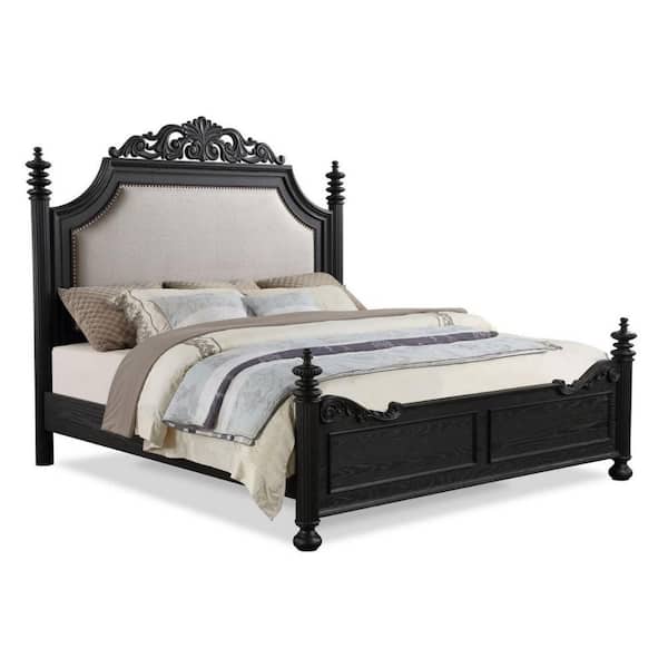 Benjara Berry Black and Cream Wood Frame King Size Platform Bed