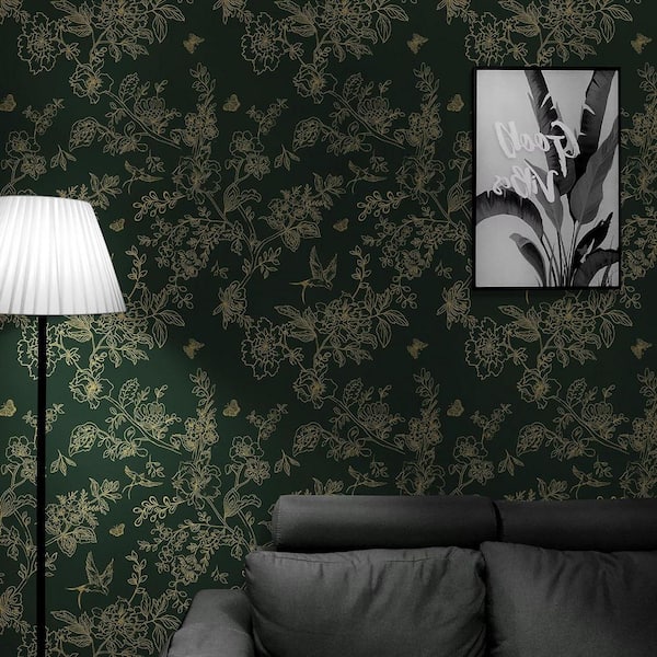 Dark Green and Gold Floral Contact Paper Peel and Stick Wallpaper Roll