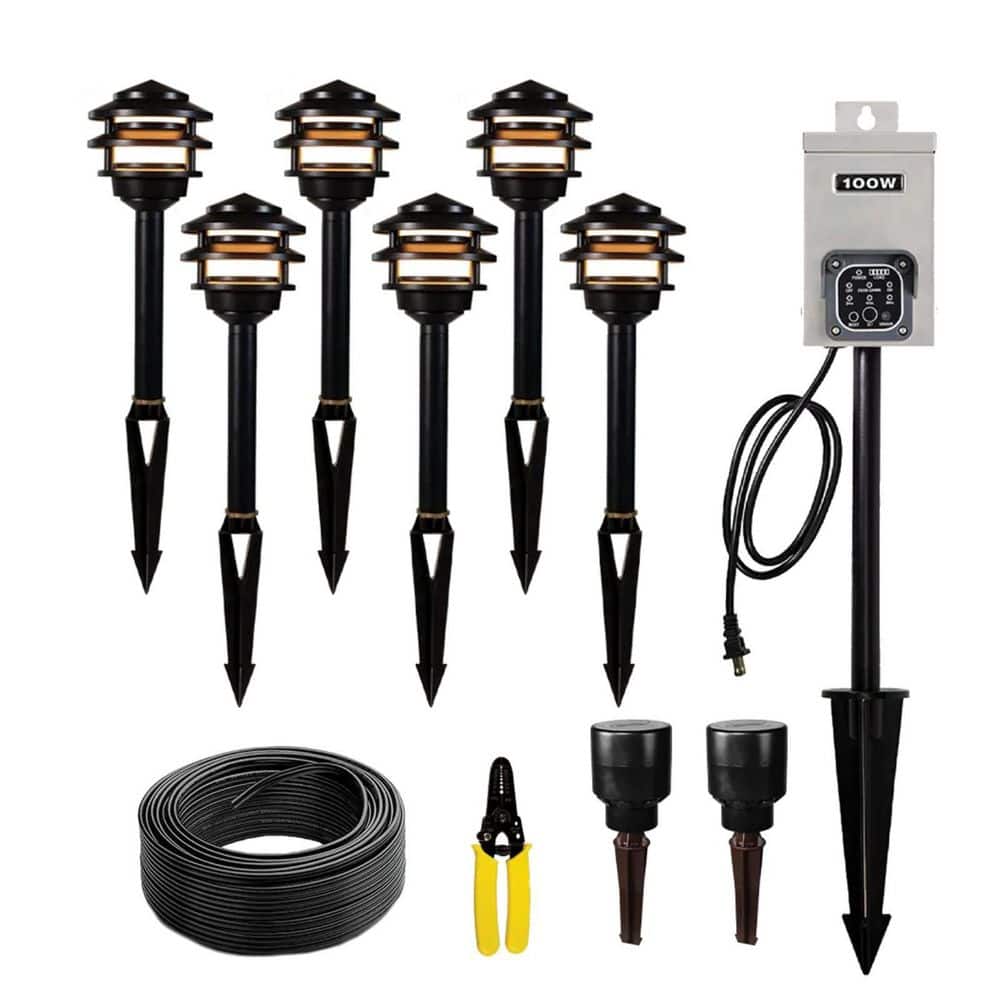 Hardwired Brass Black LED Landscape Lighting Kit with 100W Transformer and 6 Pagoda Path Lights price history on PriceWatchPro