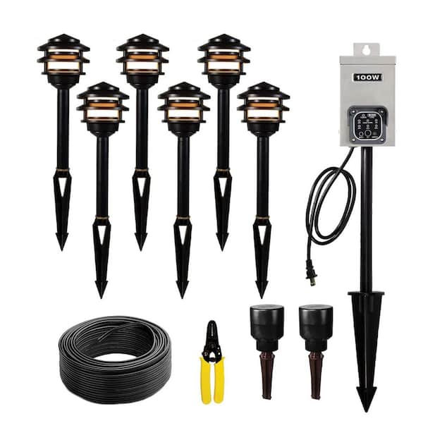 Hardwired Brass Black LED Landscape Lighting Kit with 100W Transformer and 6 Pagoda Path Lights