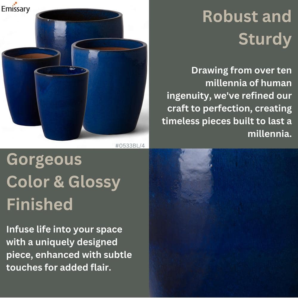 Medium Blue Ceramic Round Bullet Planter with Drainage Holes