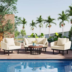 4 Pieces Beige Iron Frame Outdoor Patio Bistro Set Conversation Set with Wood Coffee Table Cushions and Love seat