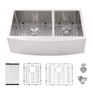 33 in. Farmhouse/Apron-Front Double Bowl (60/40) 18-Gauge Brushed Nickel Stainless Steel Kitchen Sink with Drying Rack