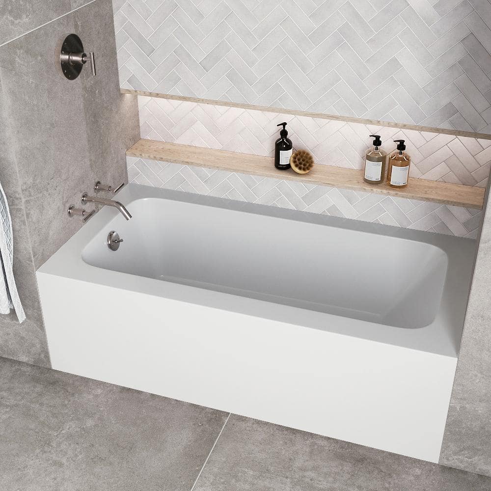 Glossy White Acrylic Rectangular Alcove Bathtub with Brushed Nickel Drain