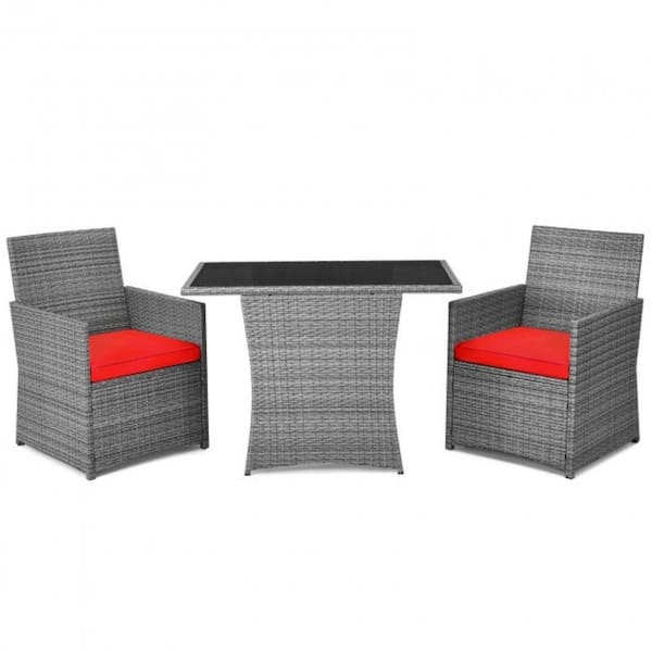 Alpulon 3-Piece Patio Rattan Wicker Outdoor Bistro Set Dining Table Set with Red Cushions