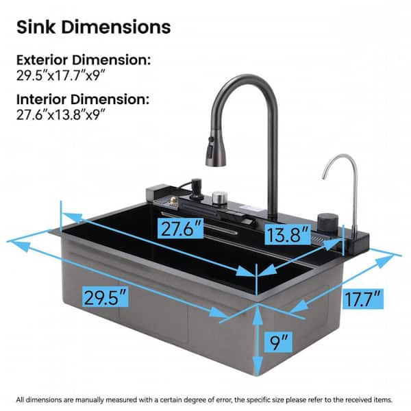 Grey Waterfall Kitchen Sink – Stainless Steel Single Bowl With LED Temp Display, Pull-Out Faucet, Cup Washer, Soap Dispenser & Water Filter Tap (29.5 X 18.1 Inch)